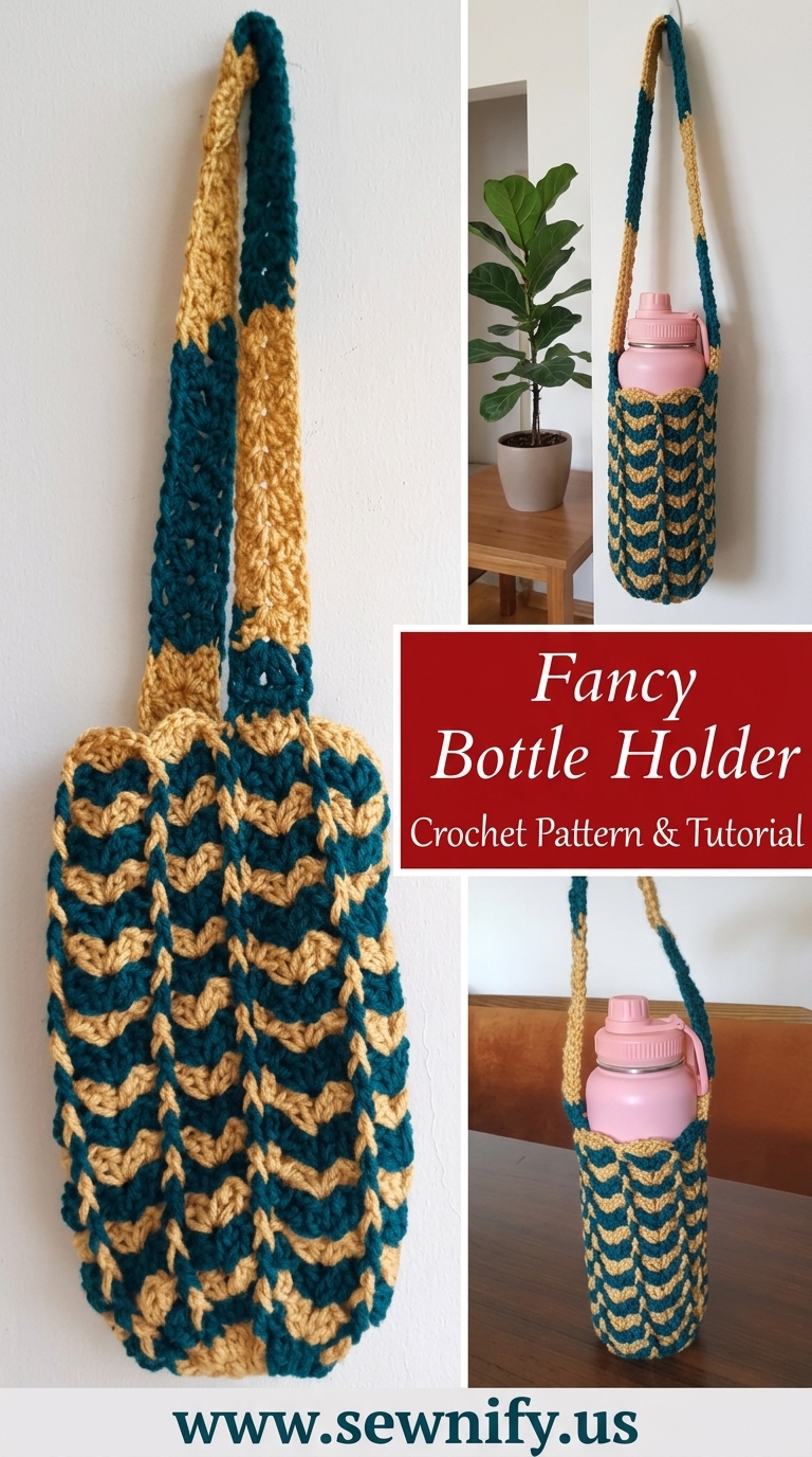 Porte-Gourde Bandoulière au Crochet Motif Zigzag - Housse Bouteille Bicolore