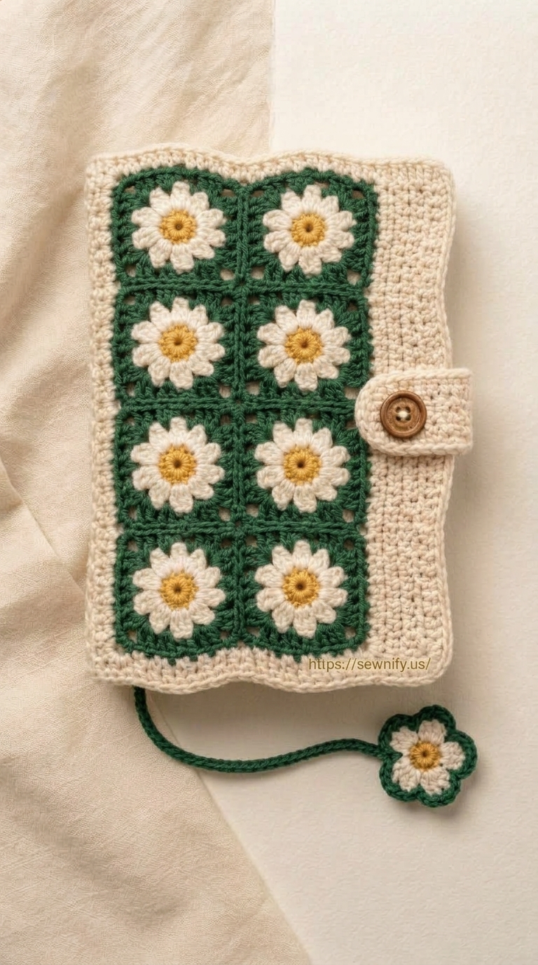 Protège-Carnet Motif Marguerites Vert au Crochet | Accessoire DIY