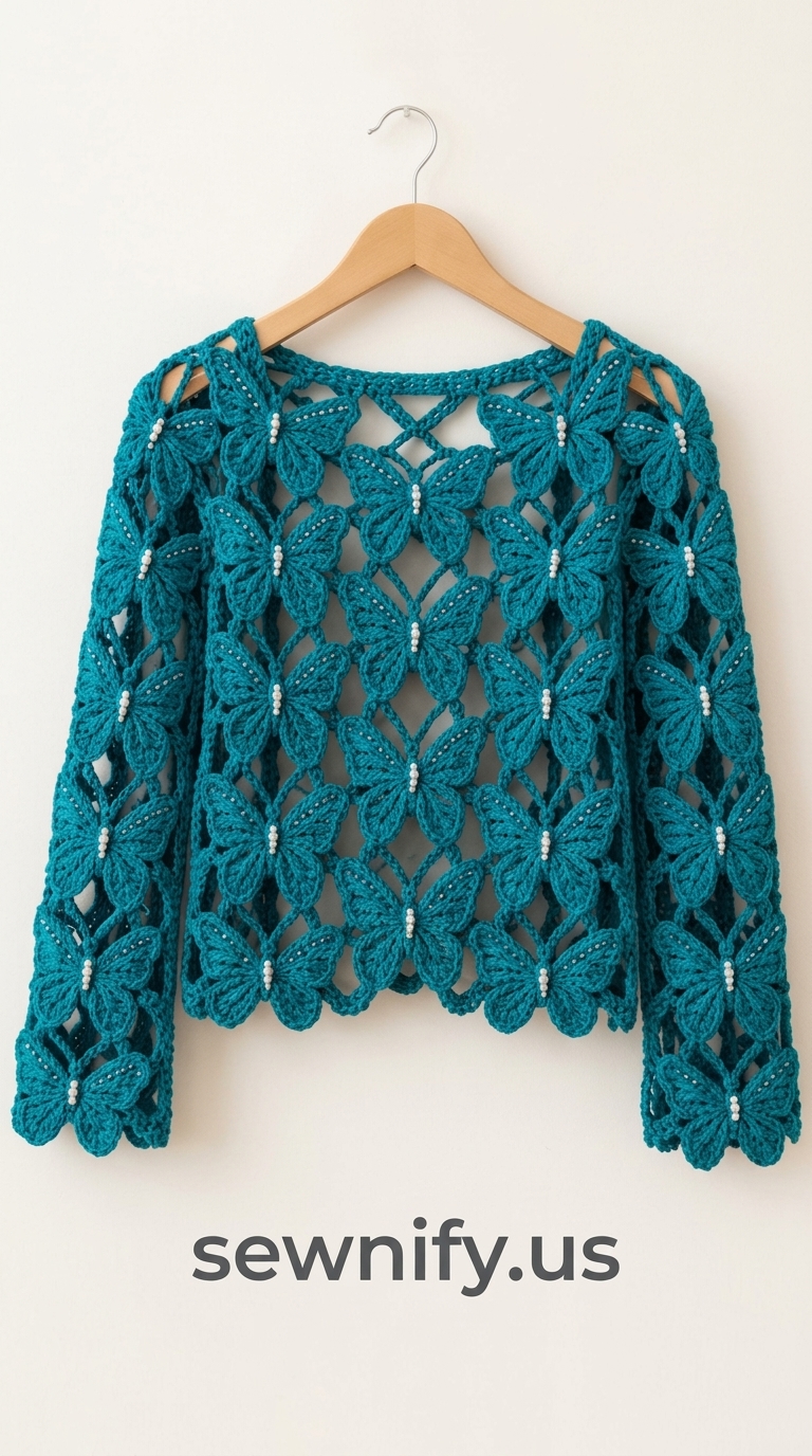 Pull Ajouré Motif Papillons au Crochet avec Perles - Top Été Boho Chic