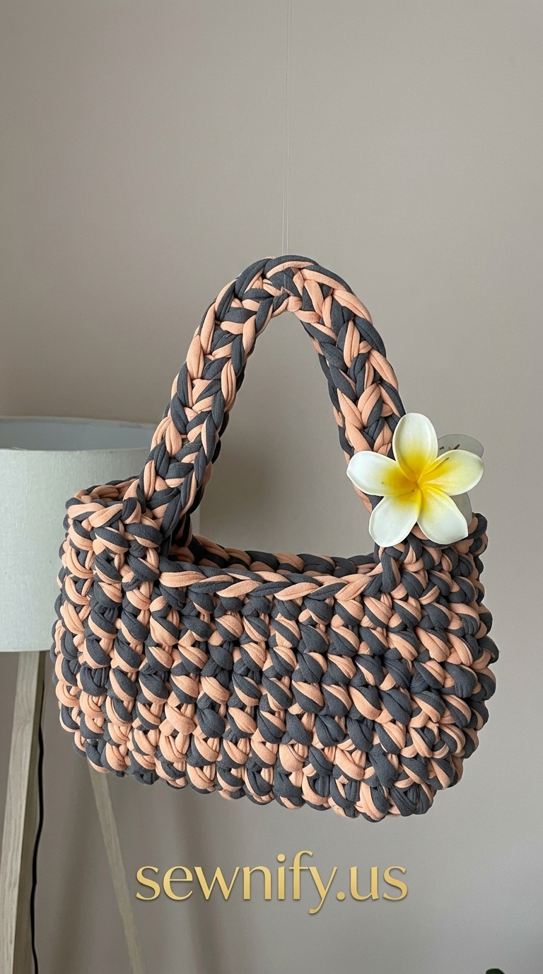 Sac à Main Bicolore en Fil Piégé T-Shirt Cabas Tressé Fait Main
