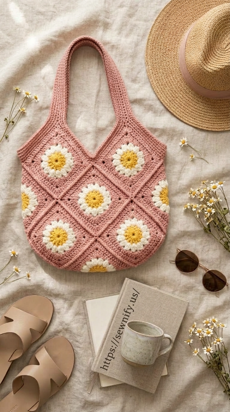 Sac Cabas Marguerite au Crochet Rose | Style Bohème Tendance