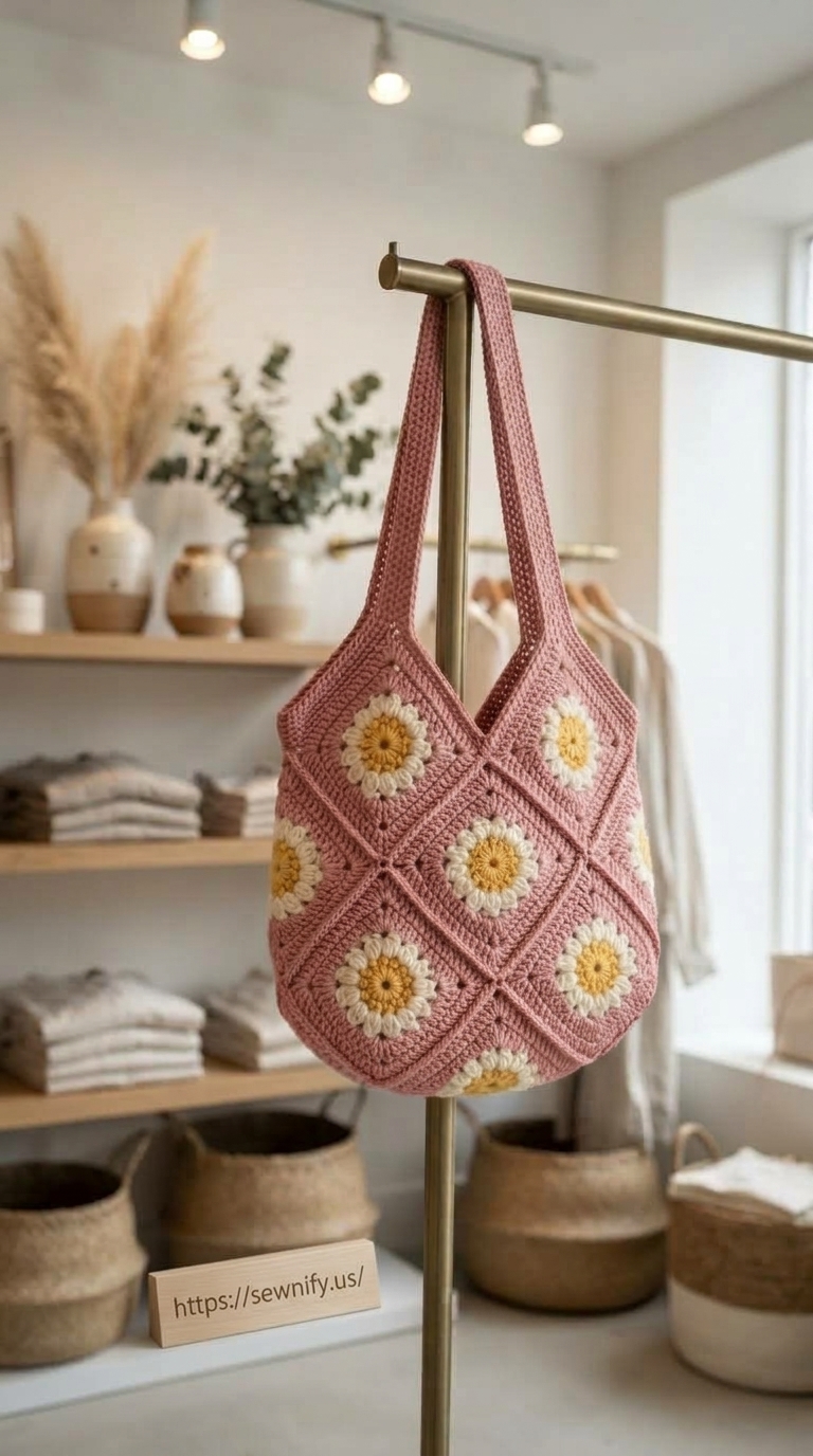 Sac Cabas Mosaïque Fleurs au Crochet | Style Boho Tendance