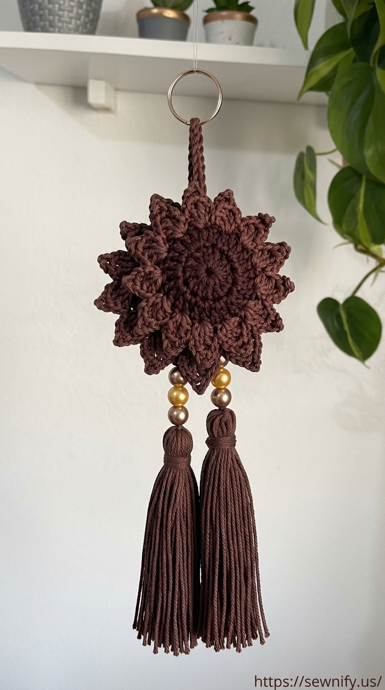 Suspension Tournesol Marron au Crochet avec Pompons et Perles | Déco Boho