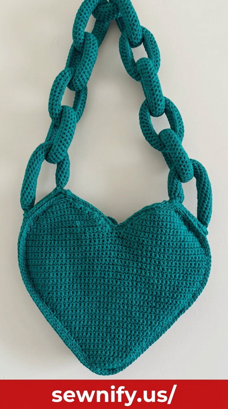Teal Heart-Shaped Chain-Link Knit Shoulder Bag