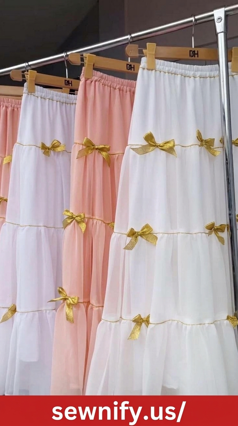 Tiered Chiffon Maxi Skirts Decorated with Gold Bows