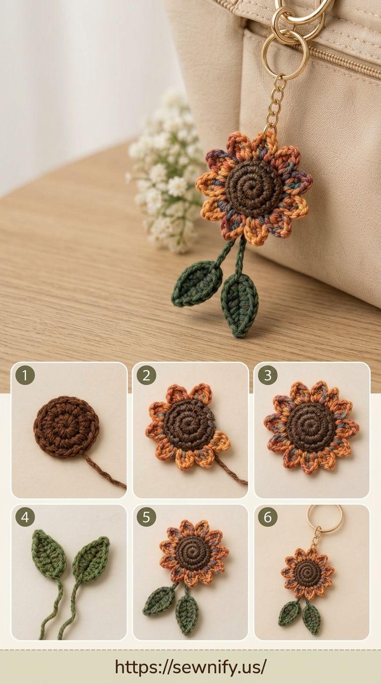 Tuto Porte-Clés Tournesol au Crochet Pas à Pas Pattern Facile DIY