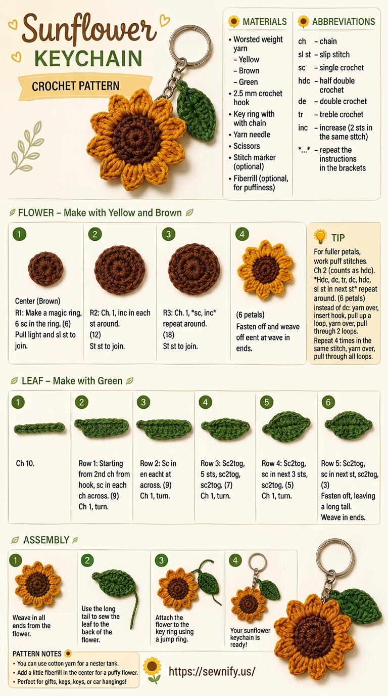 Tuto Porte-Clés Tournesol au Crochet | Pattern Facile avec Feuille