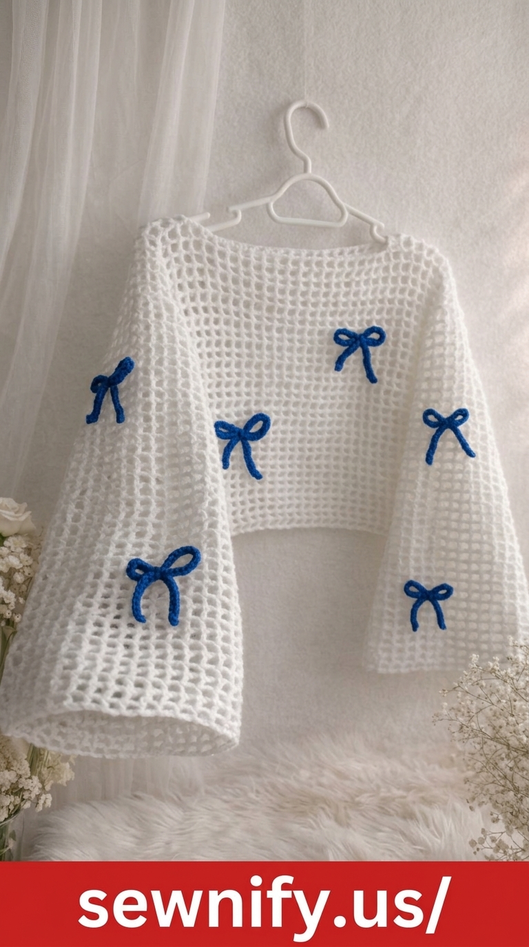 White Mesh Mesh Shrug Adorned with Blue Ribbons