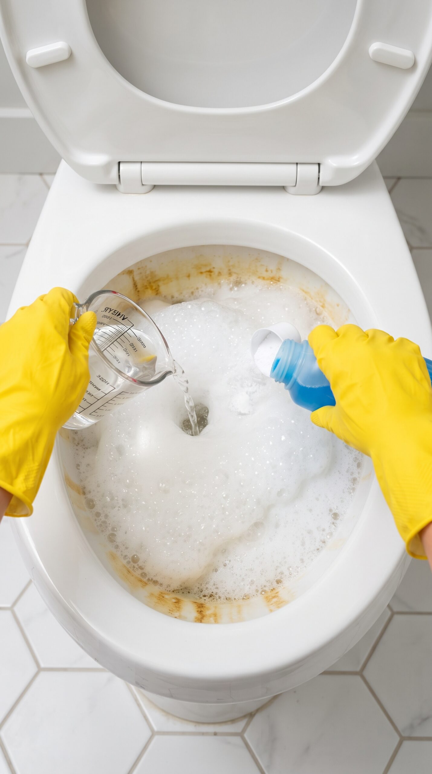 How to clean a toilet without scrubbing using foaming blue detergent, baking soda and vinegar to remove limescale